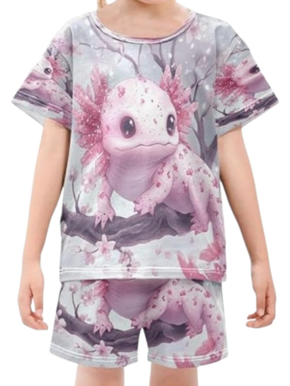 Kids Pink Cherry Blossom Axolotl Pajama Set
